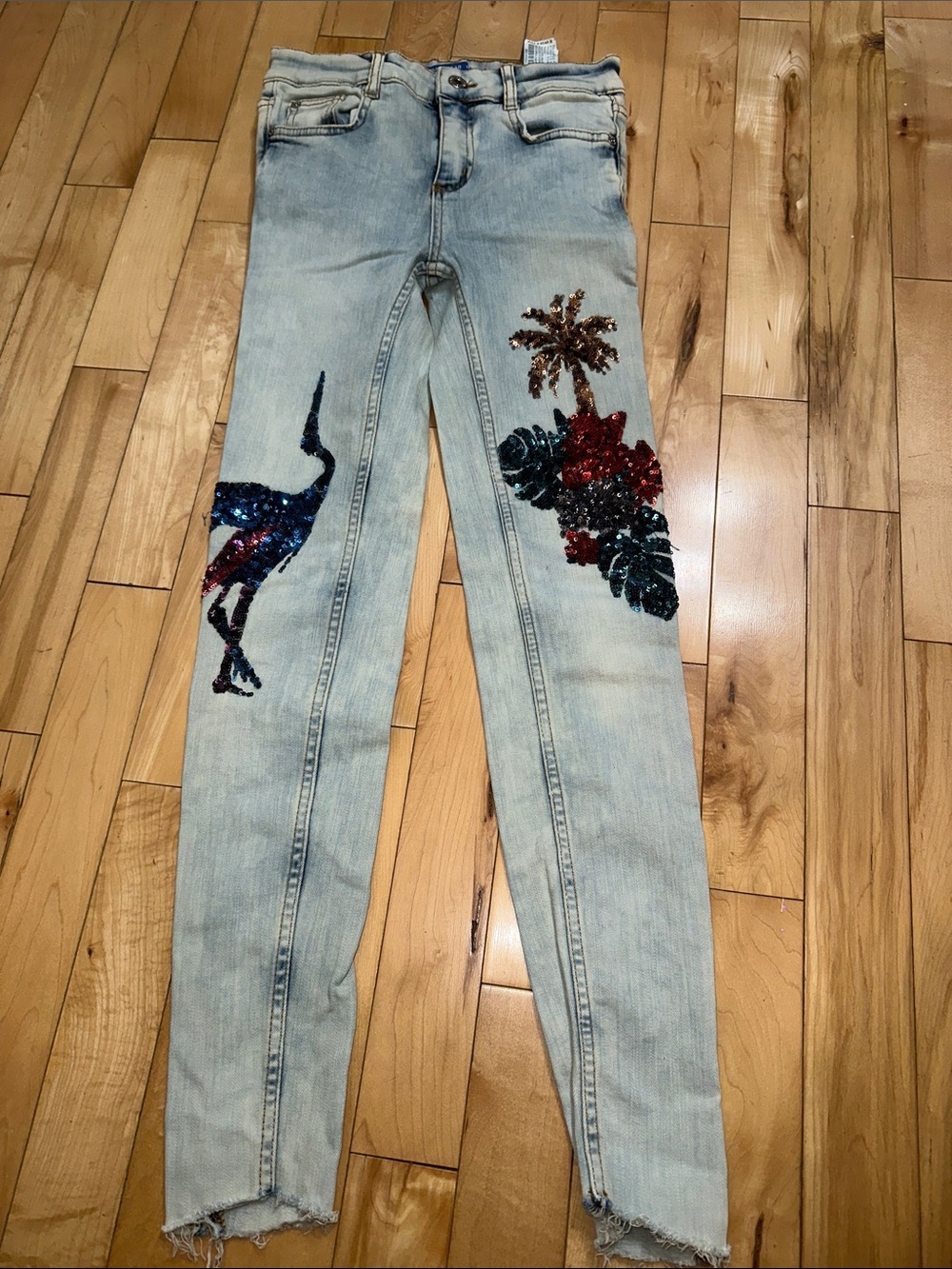 Pull&Bear Light Wash Skinny Jeans with Sequin Tropical Motifs